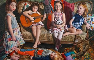 Malerei von Dimitris Tzamouranis: Clotho, Lachesis, Atropos and Syrene, 2024.